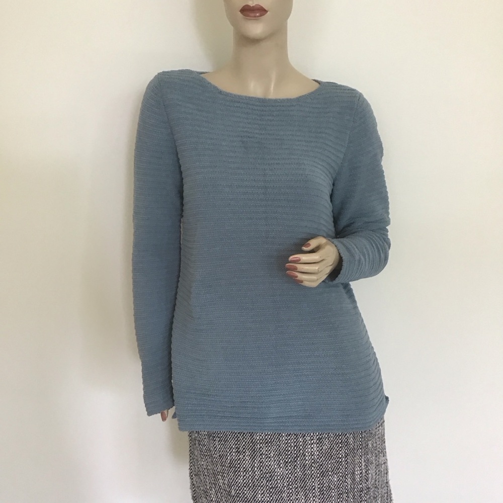J Jill Light Gray Blue Boat Neck 100% Chenille Ribbed Boxy Sweater XS Cozy